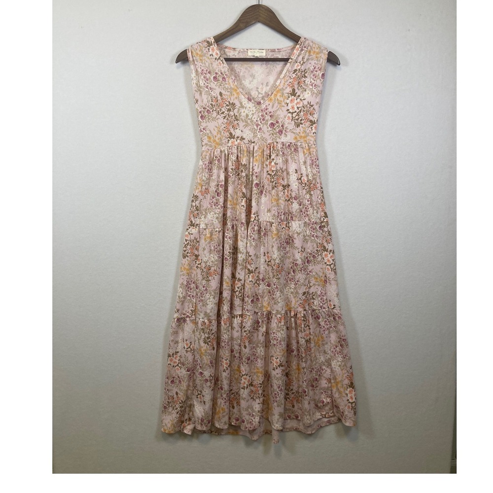 See You Monday Floral Tiered Midi Dress Pink V Neck Sleeveless Womens XS